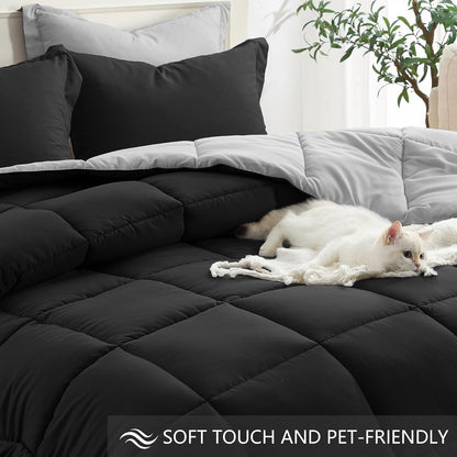 Lightweight Comforter Set King Reversible All Season down Alternative Bed Comforter Set Summer Blanket 3 Piece - 1 Comforter 2 Pillow Shams King Size Black / Light Grey