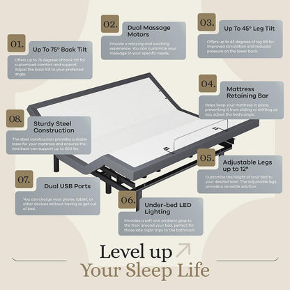 King Adjustable Bed Base Frame + 12” Luxury Cool Gel Memory Foam Mattress, Head up Foot Up, USB Ports, Zero Gravity, Interactive Dual Massage, Wireless, Classic (King)