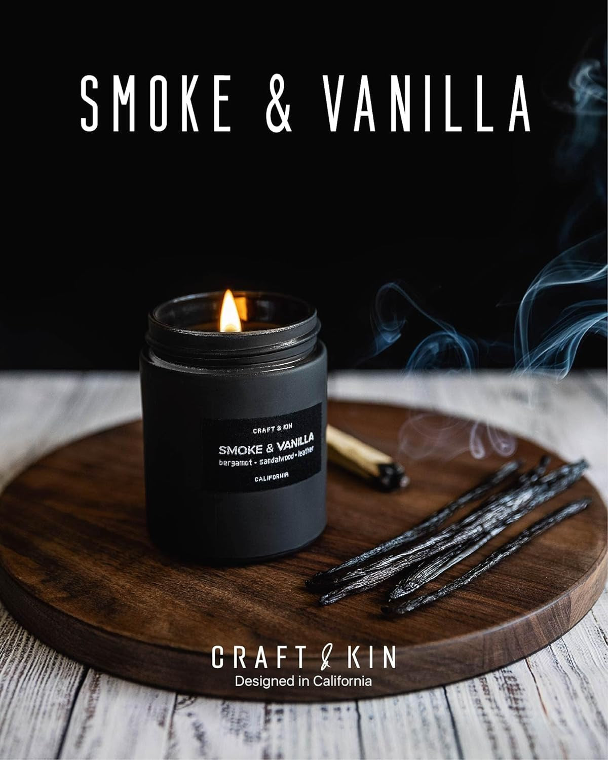 Premium Smoke & Vanilla Candle | Christmas Scented Candles for Men | Holiday Candles | Soy Candle | Fall Candles for Home Scented | Black Candles, Long Lasting Candles with 45 Hour Burn Time 7.6Oz