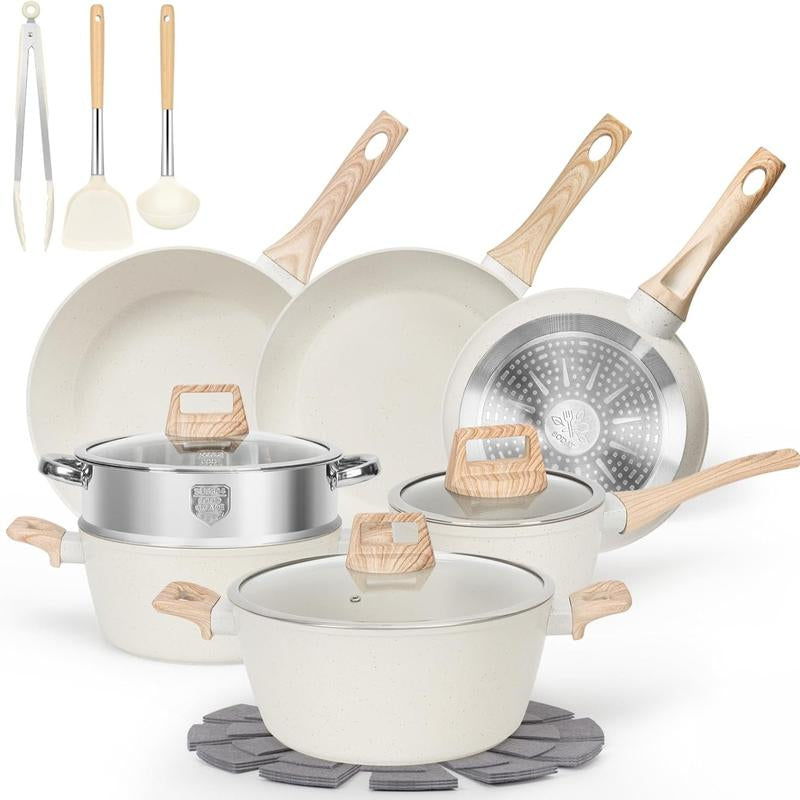 SODAY 12Pcs Pots and Pans Set Non Stick Kitchen Cookware Sets Induction Cookware Nonstick Granite Cooking Set with Frying Pans, Saucepans, Steamer