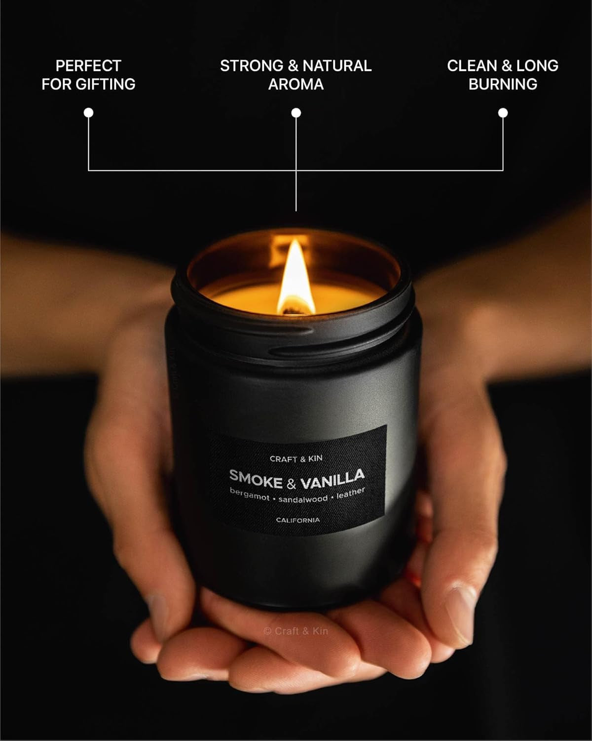 Premium Smoke & Vanilla Candle | Christmas Scented Candles for Men | Holiday Candles | Soy Candle | Fall Candles for Home Scented | Black Candles, Long Lasting Candles with 45 Hour Burn Time 7.6Oz